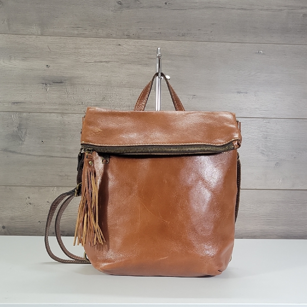 Patricia Nash Classic Tan Leather Fold-Top Backpack Tote Bag